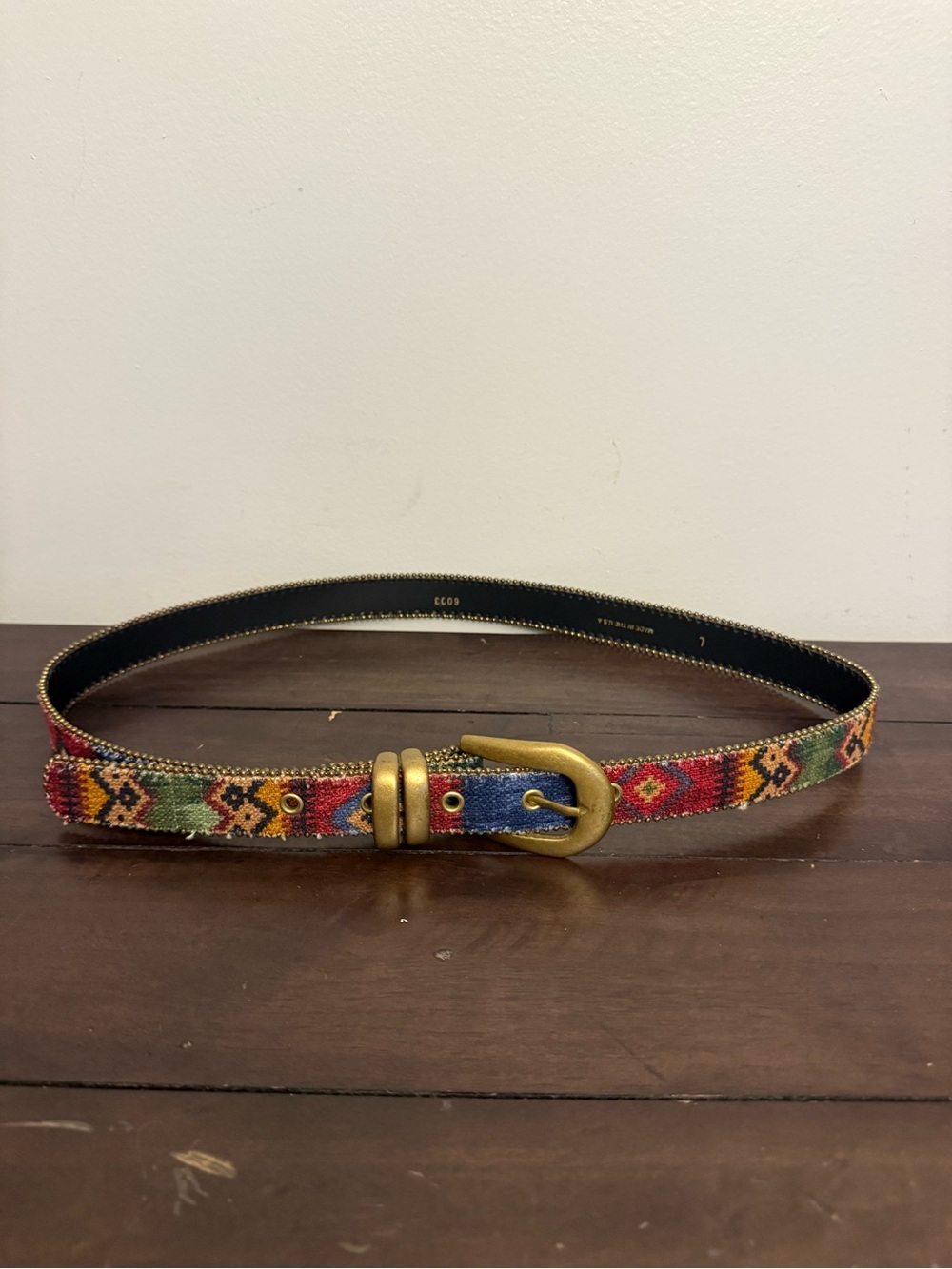 Vintage USA Southwestern Tapestry Belt Size L Brass Buckle Boho Western
